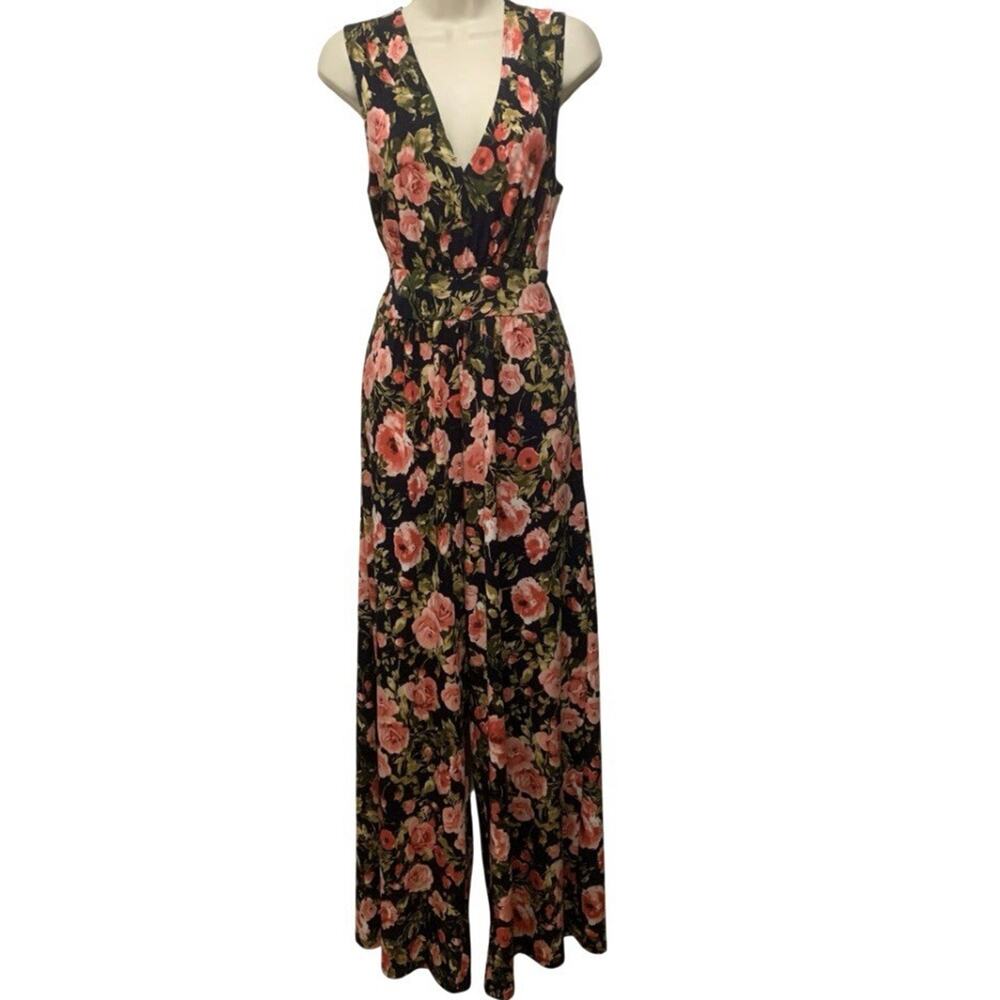 Paper Doll Floral Wide Leg Jumpsuit Navy Pink Roses Deep V Romantic Juniors L